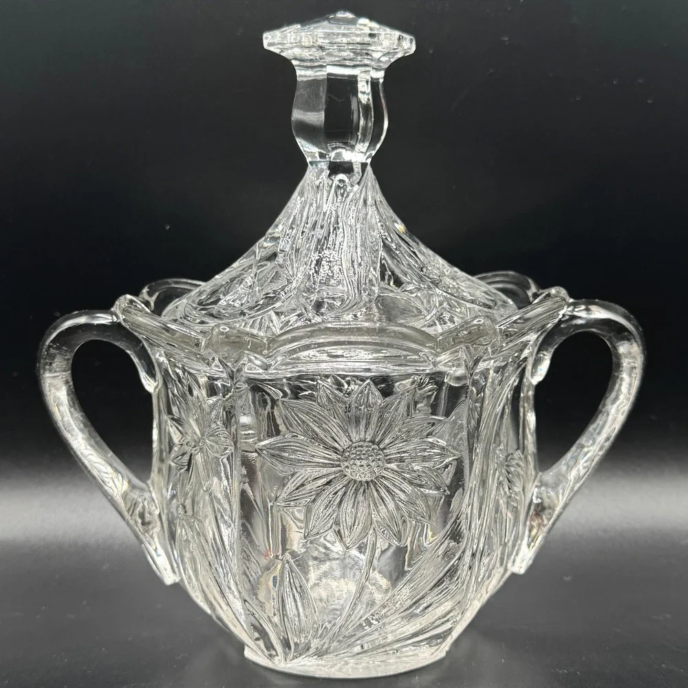 Vtg. Pressed Glass Sunflower Large Lidded Sugar Bowl Clear‎ Floral Double Handle